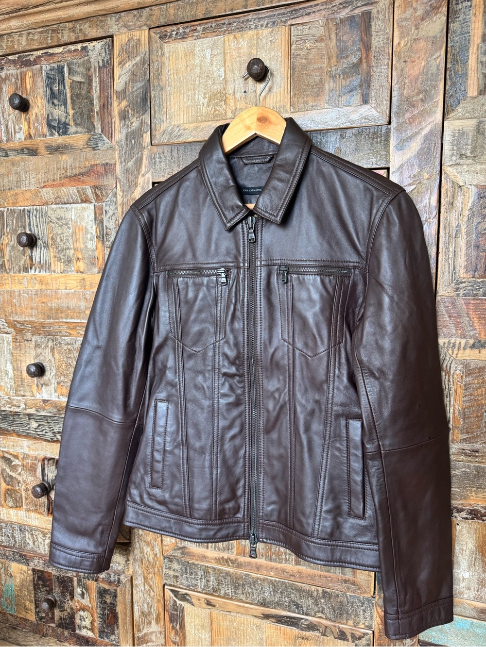 John Varvatos Dark Brown Leather Zip Bomber